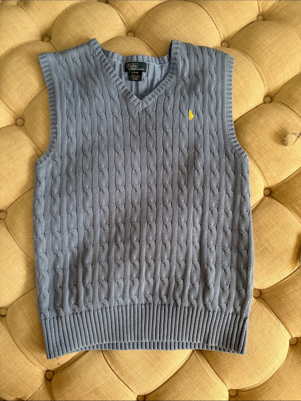 Polo by Ralph Lauren Light Blue Cable Knit V-Neck Sweater Vest with Yellow Pony